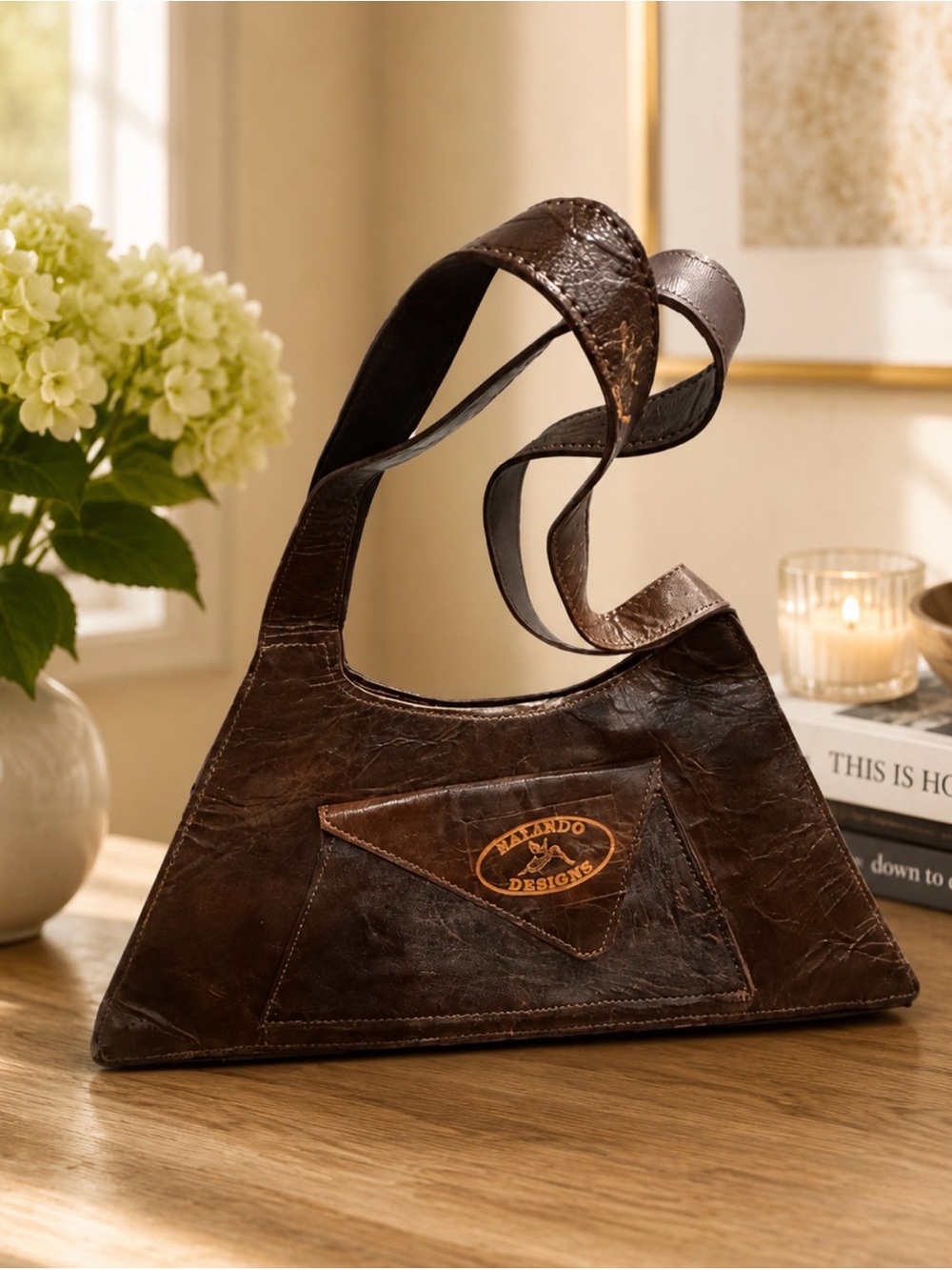 Dark Brown Leather Triangle Shoulder handcrafted Bag with Front Logo Patch